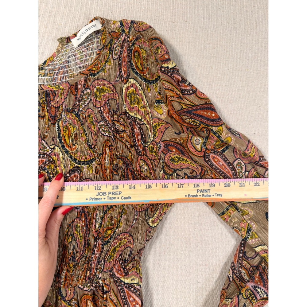 Rusttydustty Womens Paisley Smocked Tiered Midi Dress Long Sleeve Brown Boho L - Picture 8 of 8